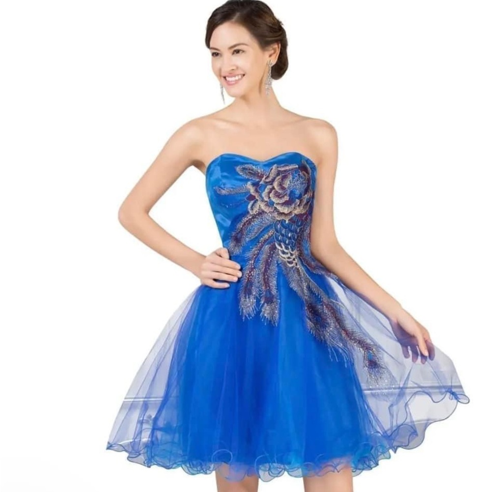 Fiesta Blue Strapless Cocktail Dress with Peacock Design size XS